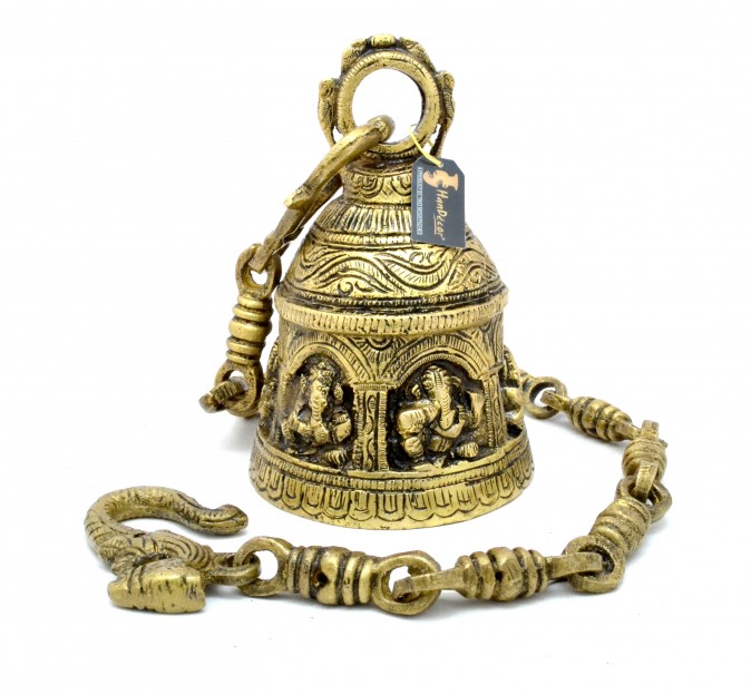 Ganesha Design Brass Hanging Bell Antique Yellow