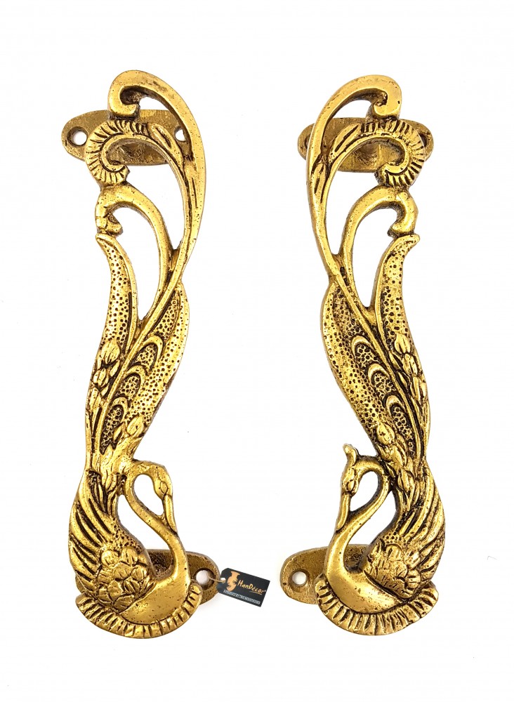 Peacock Design 7 Inches Brass Door Handle - Antique Yellow