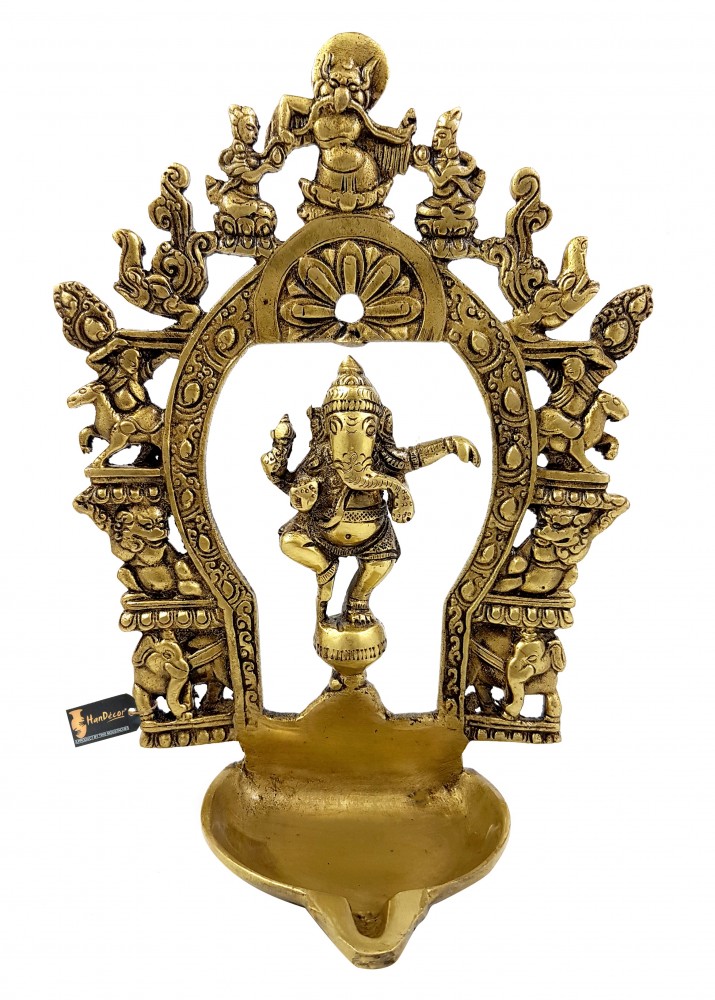 Ethnic Indian Carving Brass Dancing Ganesha Diya with Prabhavali Frame