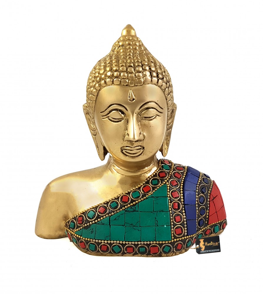 Gemstone Buddha Bust Brass Showpiece