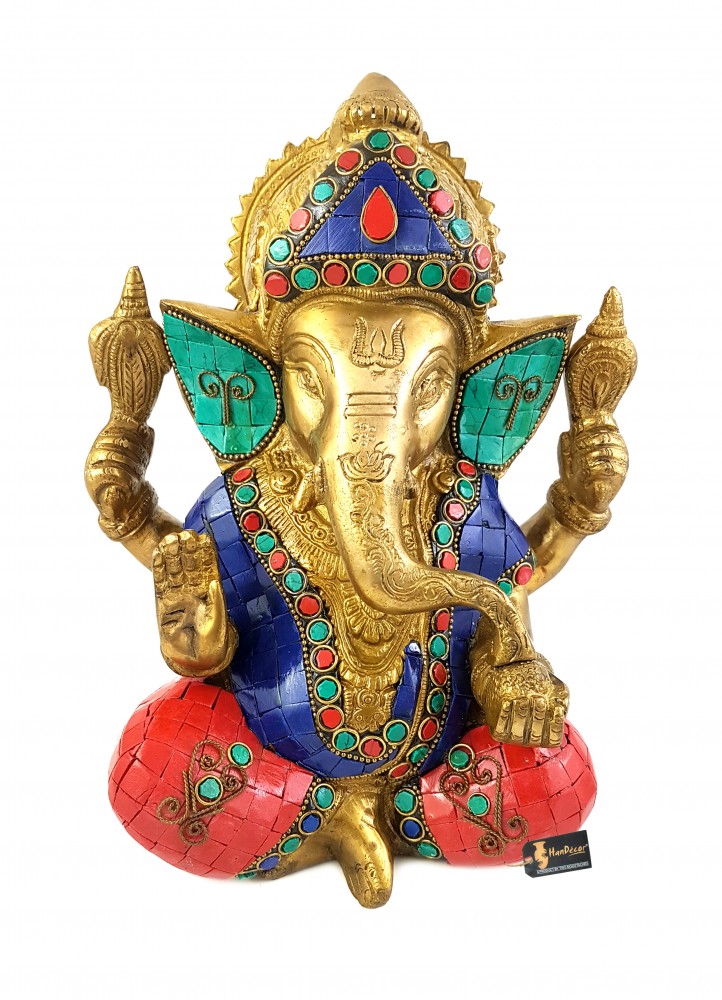 Gemstone Chaturbhuja Ganesha Brass Statue