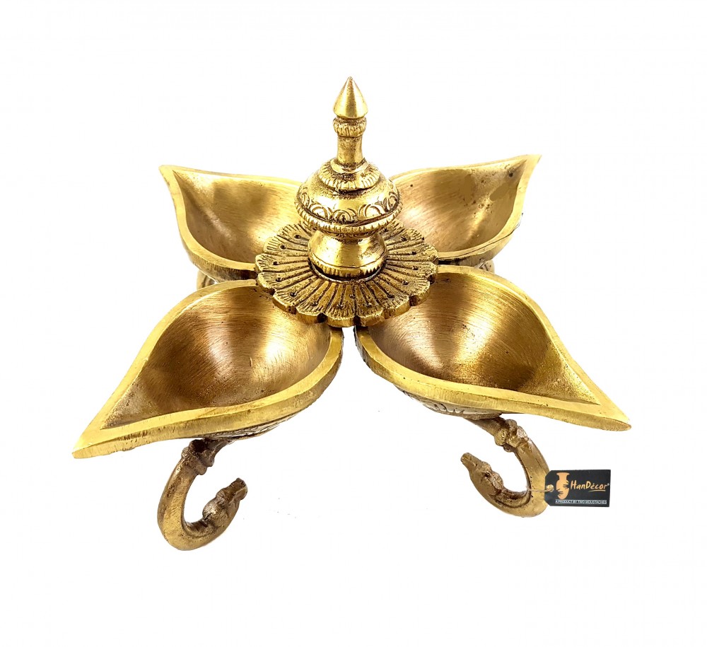 Ethnic Indian Design Brass Four Diyas on Curved Stand