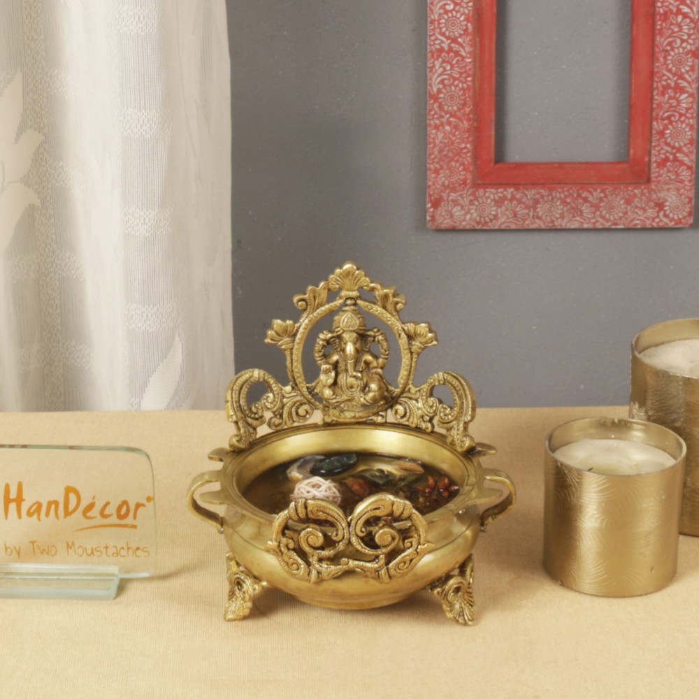Brass Ethnic Carved Ganesha Design 7 Inches Brass Decor Urli Decor Bowl (Golden)