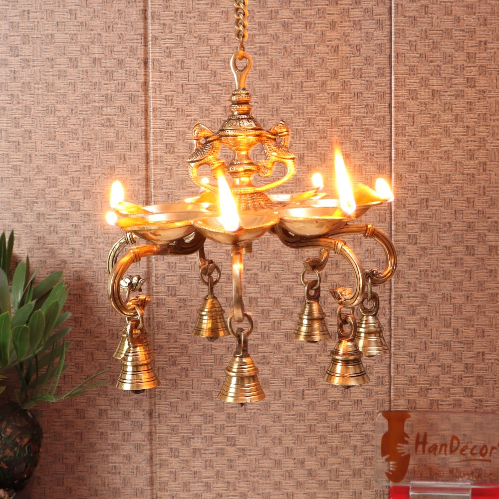 Twin Peacock Over 7 Oil Wick Brass Hanging Diya with Bells (Golden)