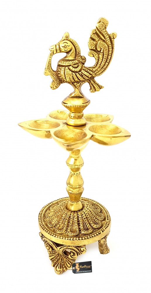 Handmade Peacock Over Ethnic Carved Legs Five Oil Wick Brass Diya (Golden)