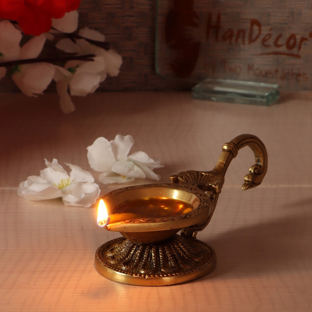 Ethnic Handcarved Brass Diya with Curved Handle, Golden