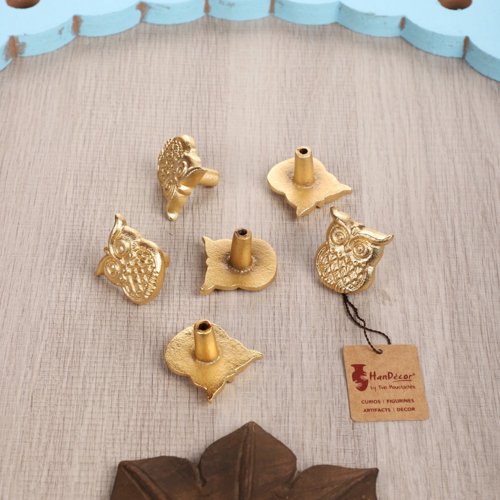 Owl Design Cabinet/Wardrobe Knobs (Golden, Pack of 6)