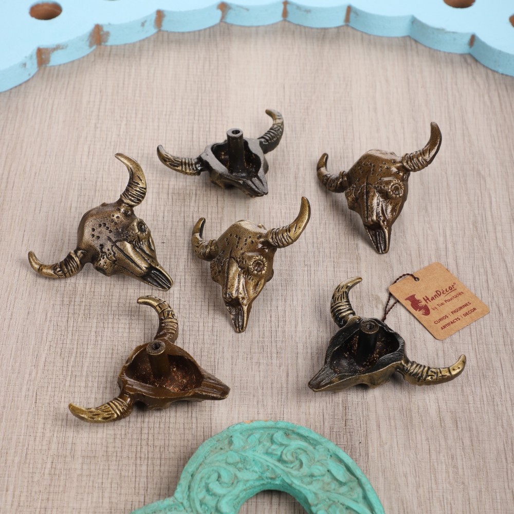 Cast Iron Buffalo Skull Design Cabinet/Wardrobe Knobs (Standard, Antique Brass) - Pack of 6