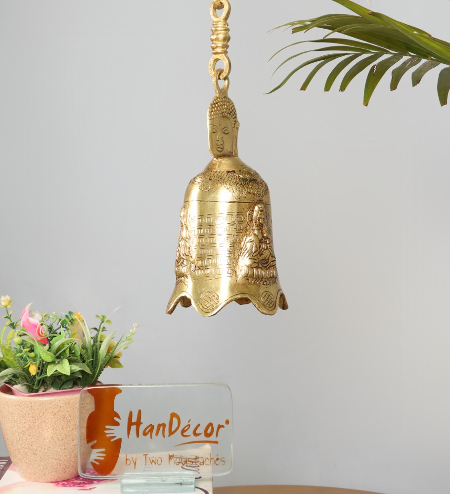 Buddha Head Design Brass Hanging Bell (Standard, Antique Yellow)