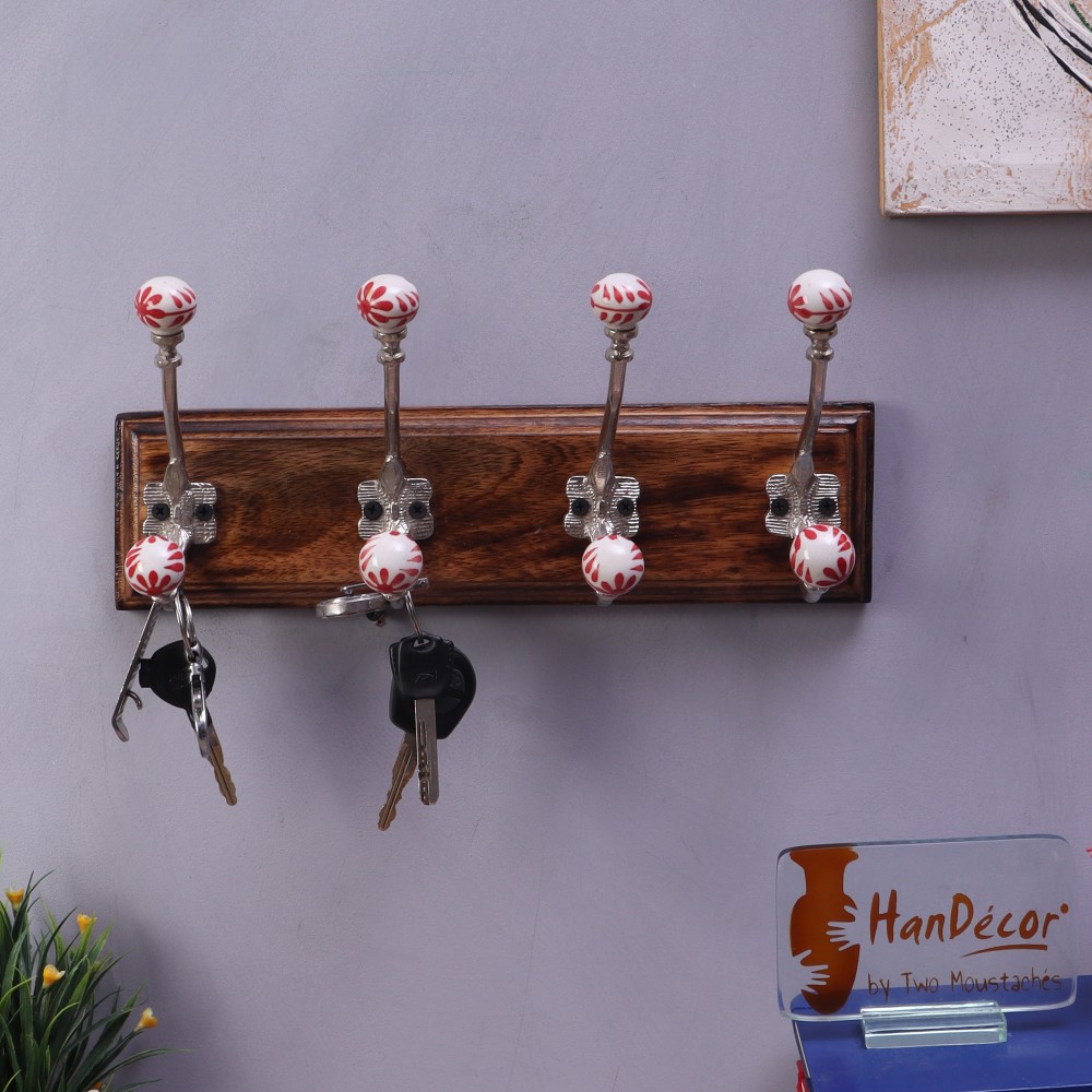 Wall Mounted 4 Designer Nickel Finished Hooks/Hookrails with Mango Wood/Wooden Textured Light Brown Base