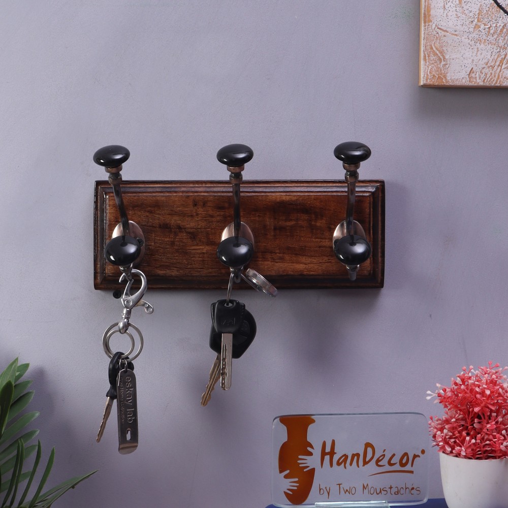 Wall Mounted 3 Designer Copper Finished Hooks with Ceramic Knobs/Hookrails with Mango Wood/Wooden Textured Light Brown Base