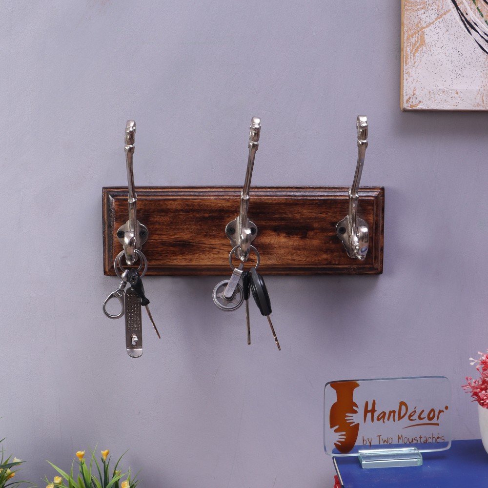 Wall Mounted 3 Designer Nickel Finished Hooks/Hookrails with Mango Wood/Wooden Textured Light Brown Base
