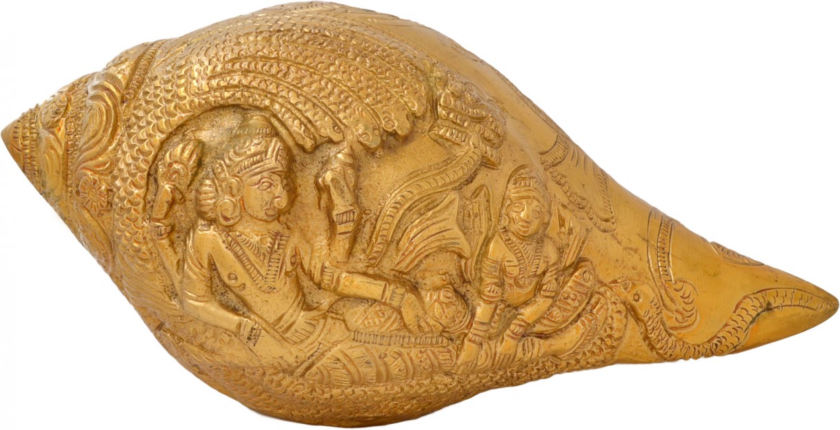 Shankh With Vishnu Carving - Yellow