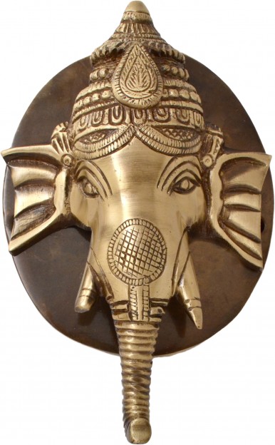 Two Moustaches Ganesh Face Brass Door Knocker With Plate Base