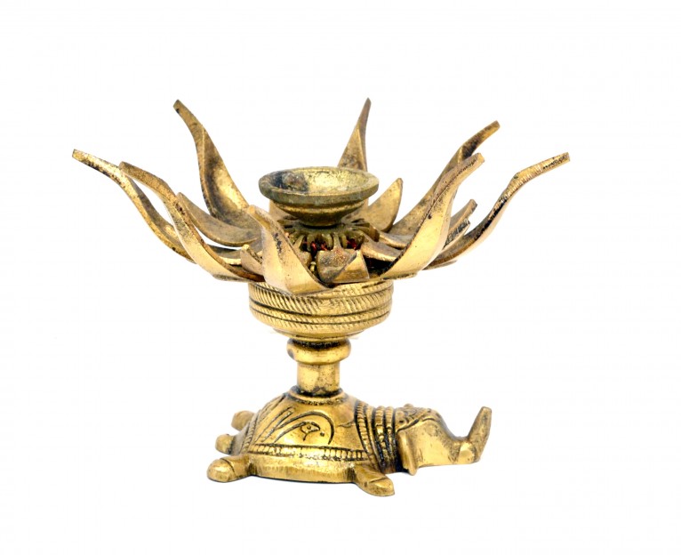 Lotus Flower Design Over Turtle Candle Brass Oil Lamp Diya 