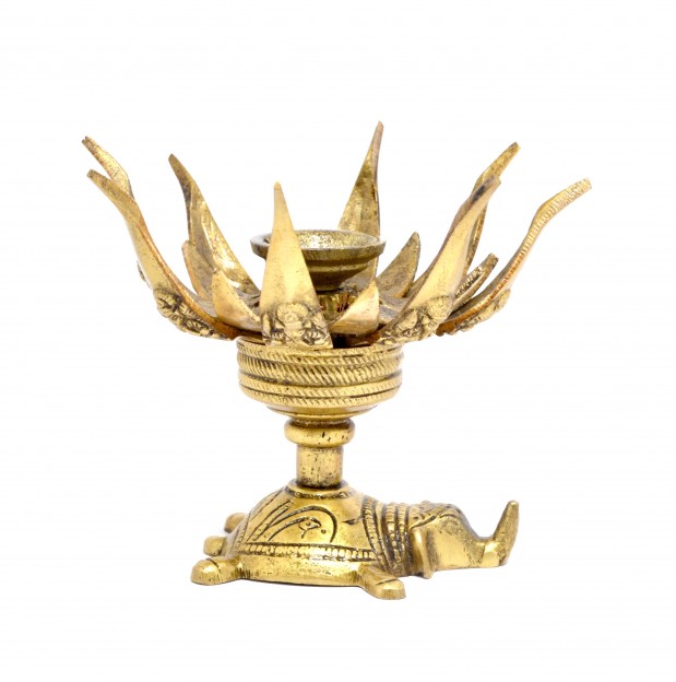 Lotus Engraved Ganesha Over Elephant Candle Brass Oil Lamp Diya