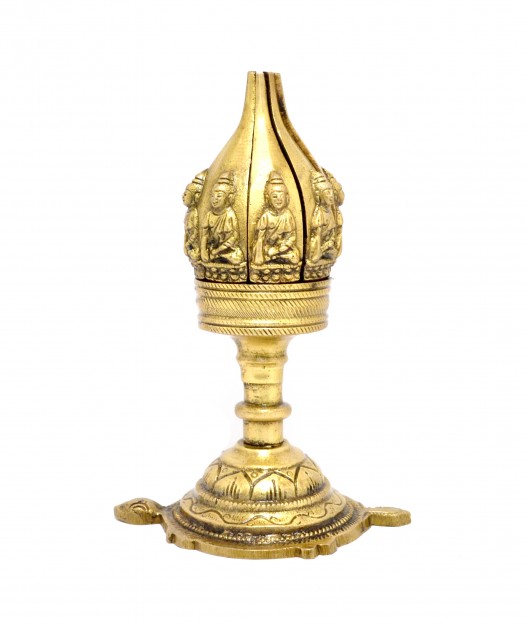 Lotus Engraved Buddha Over Turtle Candle Brass Oil Lamp Diya