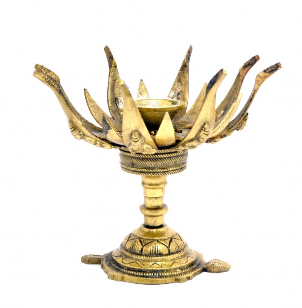 Lotus Engraved Buddha Over Turtle Candle Brass Oil Lamp Diya