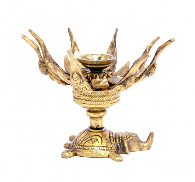 Lotus Engraved Buddha Over Elephant Candle Brass Oil Lamp Diya