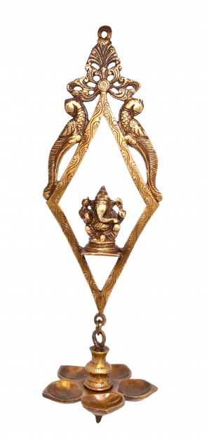 Ethnic Indian Design Ganesha Wall Hanging 5 wick Oil Diya - Brown