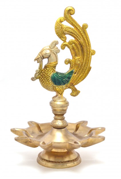 Peacock Design Nine Wick Brass Oil Lamp Diya