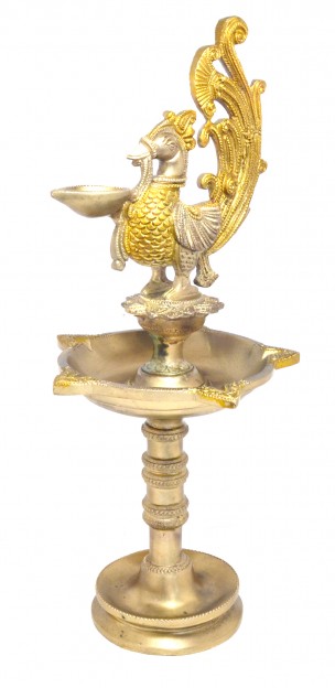 Peacock Design Five Wick Brass Oil Lamp Diya