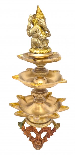 Ganesha Design Nineteen Wick Brass Oil Lamp Diya