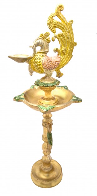 Twin Peacock Multicolored Brass Diya