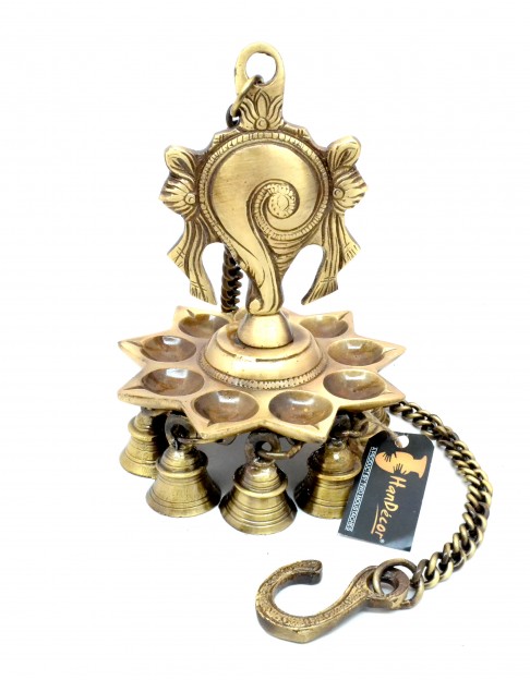 Shankh Design 9 Oil Wick Brass Hanging Diya