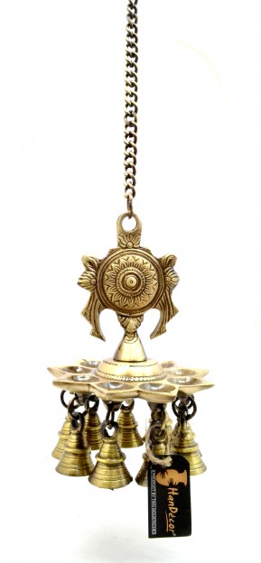 Chakra Design 9 Oil Wick Brass Hanging Diya