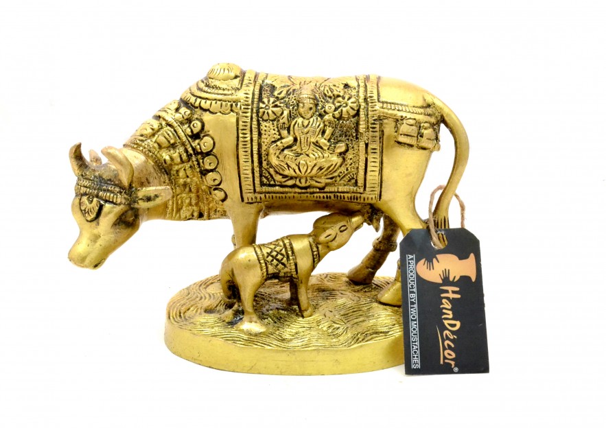 Brass Laxmi Ganesha Engraved Kamdhenu Cow and Calf