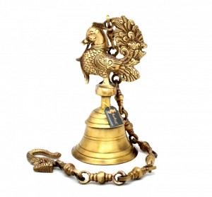Vintage Brass Temple Bell With Peacock On Chain