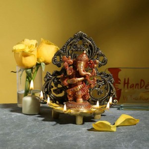 Dancing Ganesha Carving Diya Stand- Antique Brown