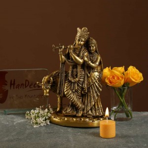 Brass Radha Krishna with Cow Statue