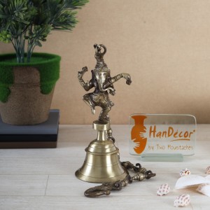 Vintage Brass Temple Bell With Dancing Ganesha On Chain