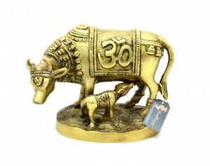 Om & Swastika Engraved Kamdhenu Cow Brass Showpiece