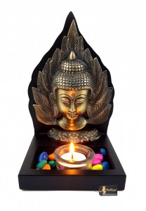 Buddha on Leaf Design Tea Light Holder Décor - Antique Brass Finish
