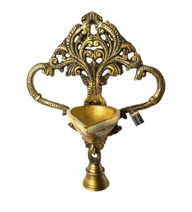 Ethnic Carved Hanging Diya with Bell - Antique Yellow