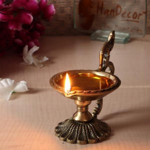 Ethnic Curved Peacock Handle Design 4 Inches Brass Diya