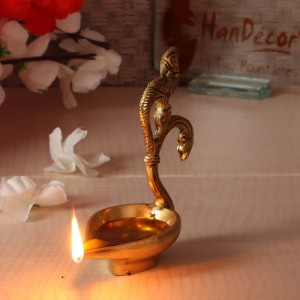 Ethnic Curved Peacock Handle Design 5 Inches Brass Diya (Golden)