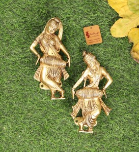 Radha Krishna Playing Dholak Brass Door Handle Pair (Antique Yellow,Standard)