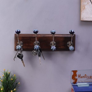 Wall Mounted 4 Designer Nickel Finished Hooks with Ceramic Knobs/Hookrails with Mango Wood/Wooden Textured Light Brown Base