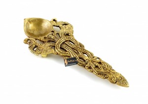 Twin Peacock Design Round Brass Pooja Aarti Spoon Hawan Spoon for Pouring Ghee In Hawan Kund- Antique Yellow