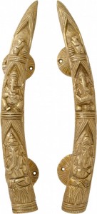 Two Moustaches Tuskar Style Ganesha Carving Brass Door Handle Pair (2 pcs)