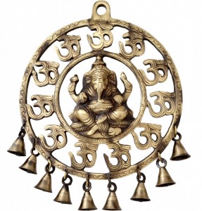Two Moustaches Om Ganesha Brass Wall Hanging With Bells Showpiece