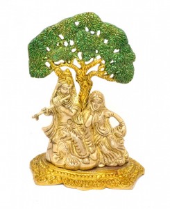 Radha Krishna Under Tree Premium Brass Antique Yellow Showpiece
