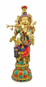 Brass Murli Krishna Gemstone Statue 21 Inches