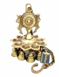 Chakra Design 9 Oil Wick Brass Hanging Diya
